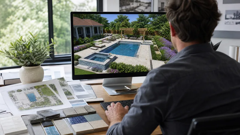 Custom pool design with 3D rendering for a Houston backyard