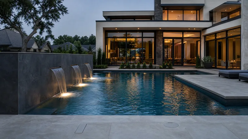 Modern rectangular geometric pool with raised wall and scuppers in Houston TX