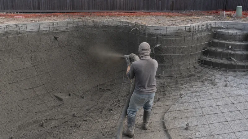 Crew shooting gunite onto a steel reinforced pool shell in Houston Texas