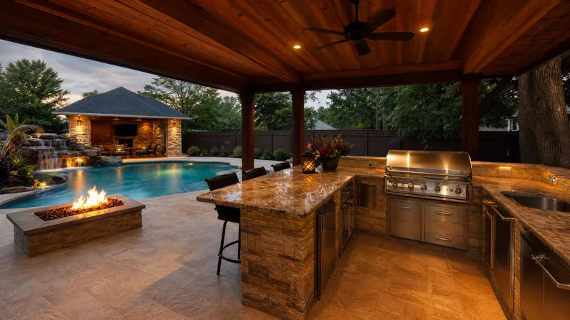 Outdoor kitchen and covered patio next to a custom pool in Houston