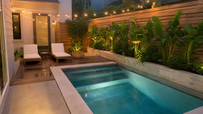 Small plunge pool in a compact Houston backyard with deck seating